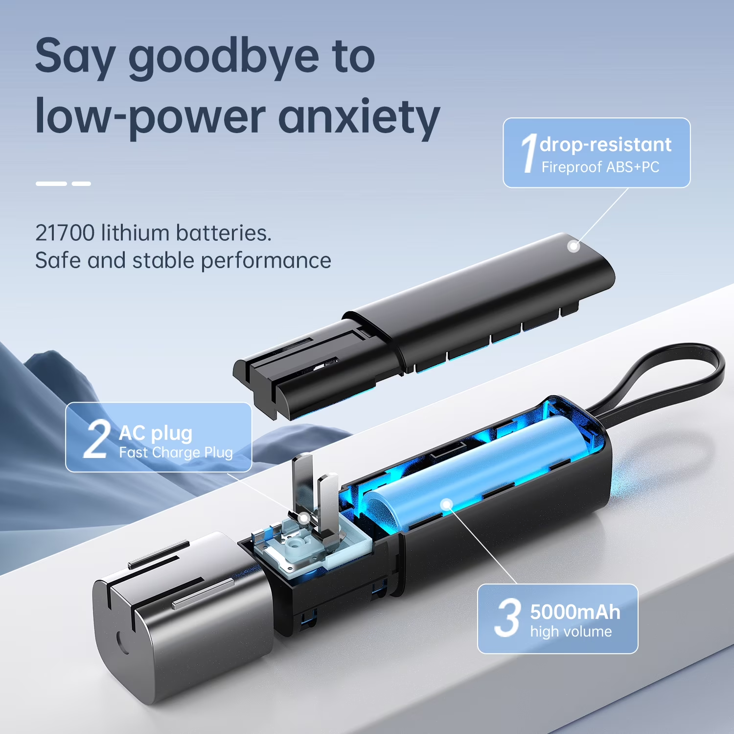 portable power bank with foldable AC plug and USB-C cable