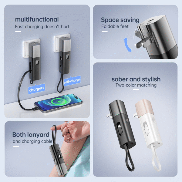 portable power bank with foldable AC plug and USB-C cable