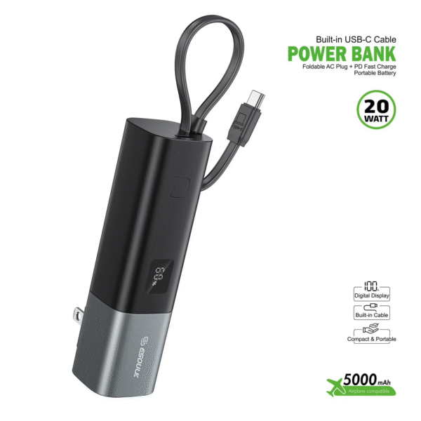 portable power bank with foldable AC plug and USB-C cable