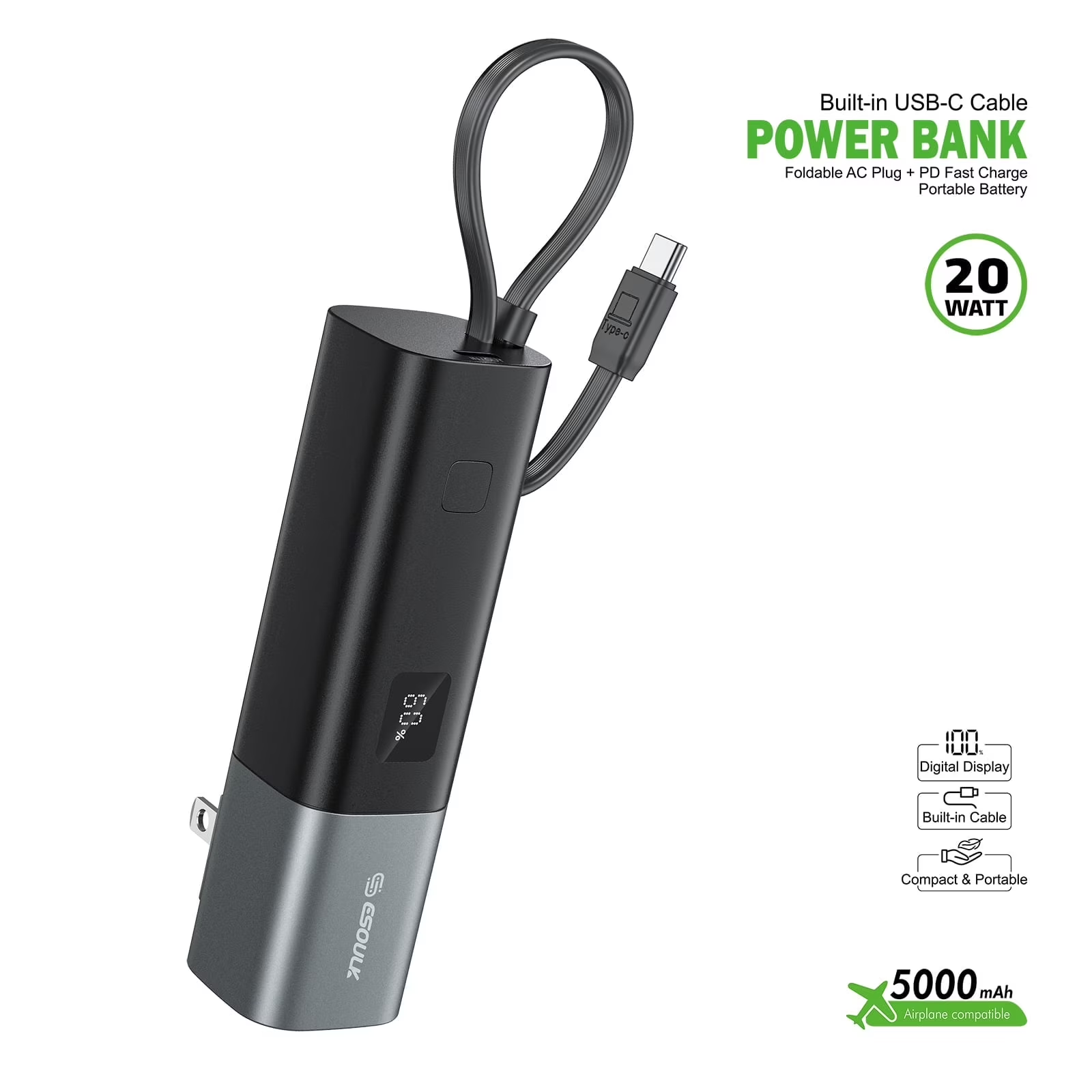 Portable Power Bank with Foldable AC Plug (6) portable power bank with foldable AC plug and USB-C cable